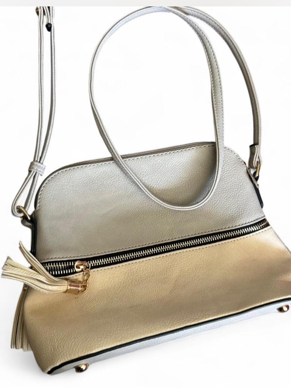 Cream Taupe “Greige” Metallic Crossbody Tassel Handbag
